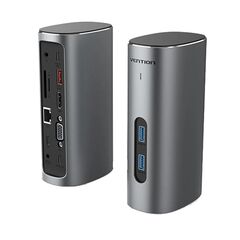 VENTION TYPE-C TO HDMI/VGA/USB 3.1 GEN 2/USB 3.1 GEN 2-C/USB 3.0X2/RJ45/SD/TF/TRRS 3.5MM/PD 100W/DC 10W DOCKING STATION GRAY VERTICAL ALUMINUM ALLOY TYPE (TPJH0-EU) (VENTPJH0-EU)
