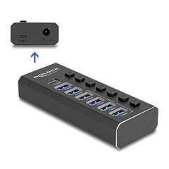 DELOCK USB HUB 64326 ΜΕ ΔΙΑΚΌΠΤΕΣ, 7X ΘΥΡΏΝ, 10GBPS, USB/USB-C ΣΎΝΔΕΣΗ, ΜΑΎΡΟ