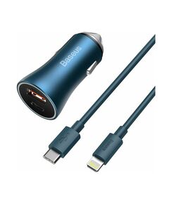 BASEUS CAR CHARGER GOLDEN CONTACTOR PRO DUAL QUICK CHARGER (WITH TYPE-C - LIGHTNING 1M BLUE) 40W BLUE (TZCCJD-03) (BASTZCCJD-03)