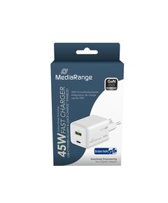 MEDIARANGE 45W GAN FAST CHARGING ADAPTER (EU-PLUG), 1X USB-C AND 1X USB-A, USB-C® POWER DELIVERY AND QUICK CHARGE ENABLED, WHITE(MRMA113-2)