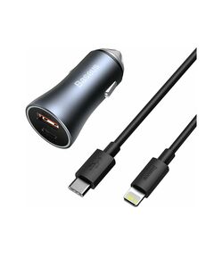 BASEUS CAR CHARGER GOLDEN CONTACTOR PRO DUAL QUICK CHARGER U+C, PD 3.0, QC 4+, SCP FCP AFC (WITH TYPE-C - LIGHTNING 1M BLACK) 40W DARK GRAY (TZCCJD-B0G) (BASTZCCJD-B0G)