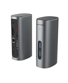 VENTION TYPE-C TO HDMI/VGA/USB 3.1 GEN 2/USB 3.1 GEN 2-C/USB 3.0X2/RJ45/SD/TF/TRRS 3.5MM/PD 100W/DC 10W DOCKING STATION GRAY VERTICAL ALUMINUM ALLOY TYPE (TPJH0-EU) (VENTPJH0-EU)