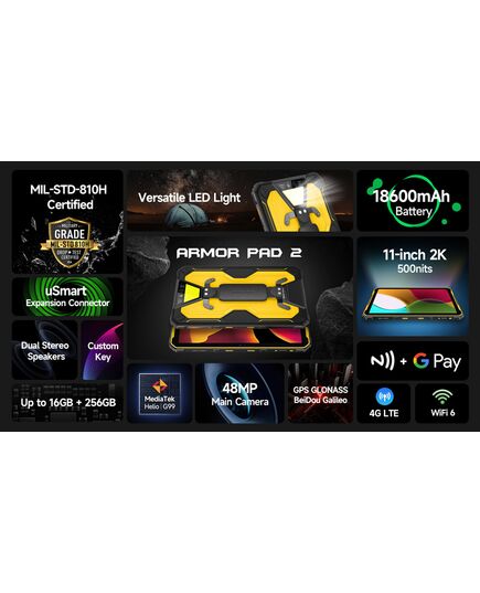 ULEFONE TABLET ARMOR PAD 2, 11" 8/256GB, 18600MAH, IP68/IP69K, 4G, ΜΑΎΡΟ