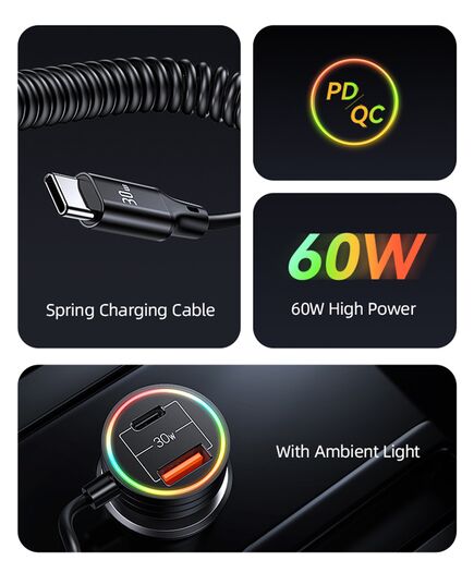 USAMS ΦΟΡΤΙΣΤΉΣ ΑΥΤΟΚΙΝΉΤΟΥ US-CC167 ΜΕ ΚΑΛΏΔΙΟ, USB/USB-C, 60W, ΜΑΎΡΟΣ