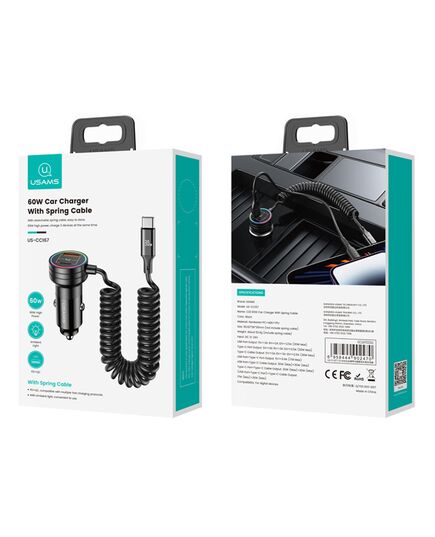 USAMS ΦΟΡΤΙΣΤΉΣ ΑΥΤΟΚΙΝΉΤΟΥ US-CC167 ΜΕ ΚΑΛΏΔΙΟ, USB/USB-C, 60W, ΜΑΎΡΟΣ