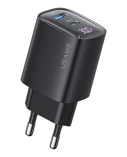 USAMS ΦΟΡΤΙΣΤΉΣ ΤΟΊΧΟΥ US-CC229, USB & USB-C, 30W, GAN, ΜΑΎΡΟΣ