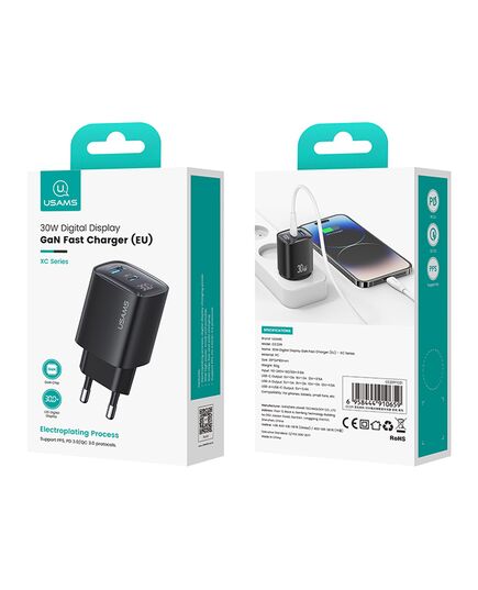 USAMS ΦΟΡΤΙΣΤΉΣ ΤΟΊΧΟΥ US-CC229, USB & USB-C, 30W, GAN, ΜΑΎΡΟΣ