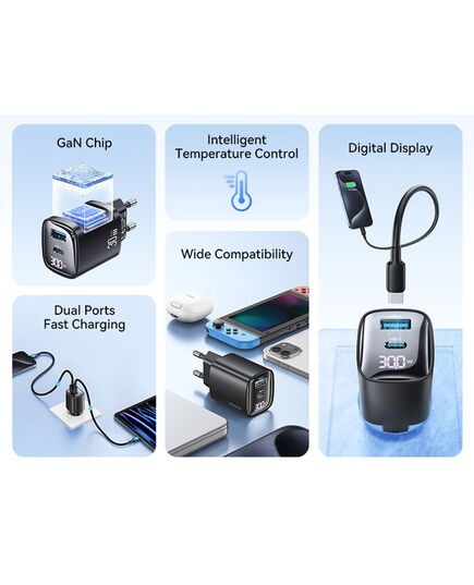USAMS ΦΟΡΤΙΣΤΉΣ ΤΟΊΧΟΥ US-CC229, USB & USB-C, 30W, GAN, ΛΕΥΚΌΣ