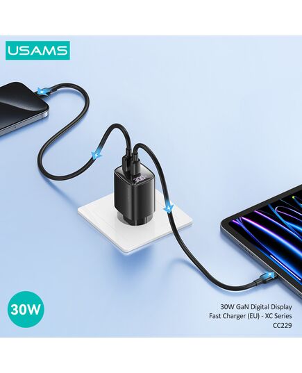 USAMS ΦΟΡΤΙΣΤΉΣ ΤΟΊΧΟΥ US-CC229, USB & USB-C, 30W, GAN, ΛΕΥΚΌΣ