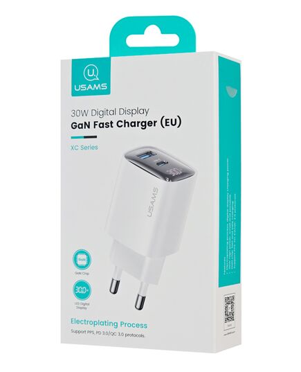 USAMS ΦΟΡΤΙΣΤΉΣ ΤΟΊΧΟΥ US-CC229, USB & USB-C, 30W, GAN, ΛΕΥΚΌΣ