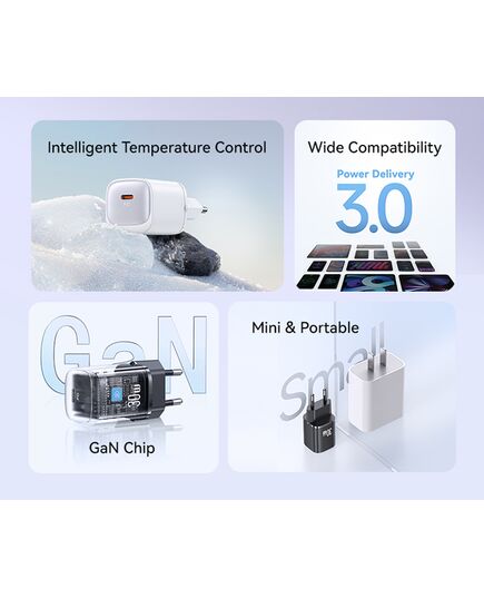 USAMS ΦΟΡΤΙΣΤΉΣ ΤΟΊΧΟΥ US-CC251, USB-C, 30W, GAN, ΜΑΎΡΟΣ