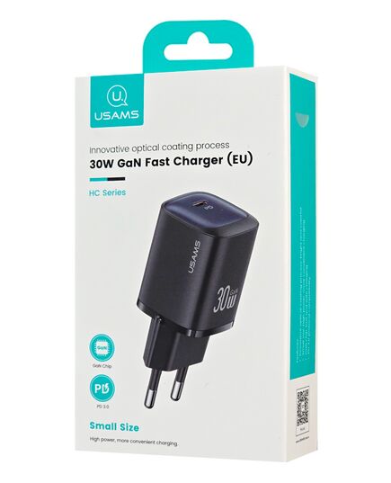 USAMS ΦΟΡΤΙΣΤΉΣ ΤΟΊΧΟΥ US-CC251, USB-C, 30W, GAN, ΜΑΎΡΟΣ