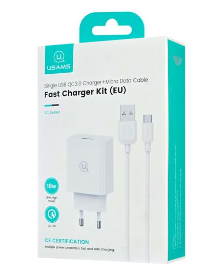 USAMS ΦΟΡΤΙΣΤΉΣ ΤΟΊΧΟΥ SCXLTZ01 ΜΕ ΚΑΛΏΔΙΟ MICRO USB, USB, 18W, ΛΕΥΚΌΣ