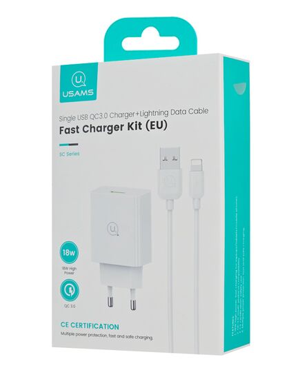USAMS ΦΟΡΤΙΣΤΉΣ ΤΟΊΧΟΥ SCXLTZ03 ΜΕ ΚΑΛΏΔΙΟ LIGHTNING, USB, 18W, ΛΕΥΚΌΣ