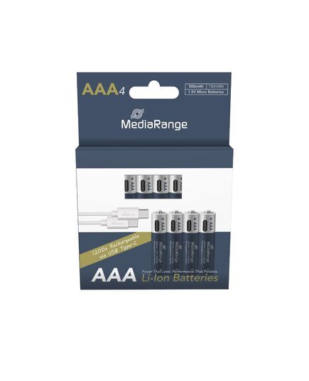 MEDIARANGE RECHARGEABLE USB-C LI-ION BATTERIES, MICRO AAA I 1.5V I 500MAH, 4-PACK (MRBAT160)