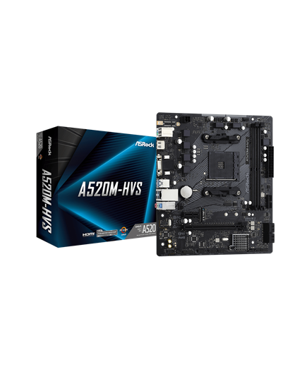 ASROCK A520M-HVS, SOCKET AMD AM4, CS AMD A520, 2 DIMM SOCKETS DDR4, DSUB/HDMI, LAN GIGABIT, MICRO-ATX, 2YW.