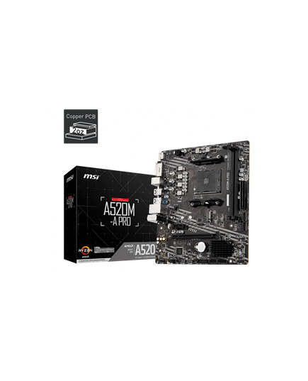 MSI MB A520M-A PRO, SOCKET AMD AM4, CS AMD A520, 2 DIMM SOCKETS DDR4, DVI-D/HDMI, GIGABIT LAN, MICRO-ATX, 3YW.