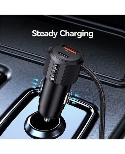 USAMS ΦΟΡΤΙΣΤΉΣ ΑΥΤΟΚΙΝΉΤΟΥ CC287 ΜΕ 2 ΣΕ 1 ΚΑΛΏΔΙΟ, USB/USB-C ΘΎΡΕΣ, 66W, ΜΑΎΡΟΣ
