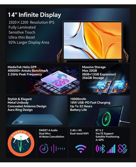 TECLAST TABLET T70, 14", 8/256GB, 4G, ANDROID 14, 10000MAH, ΜΠΛΕ