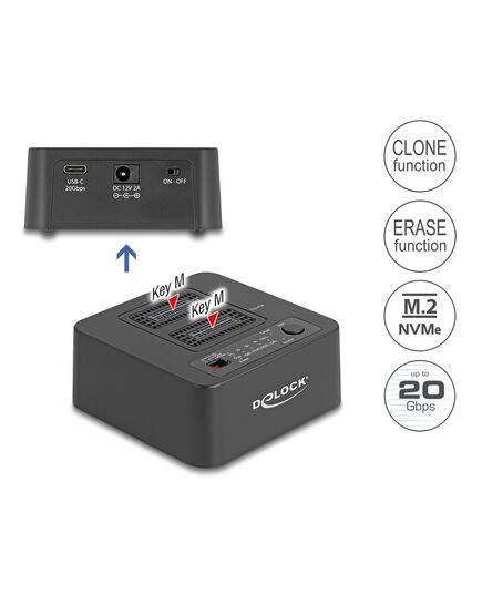 DELOCK DOCKING STATION 64300 ΓΙΑ 2X M.2 NVME SSD, CLONE/ERASE FUNCTION, 20GBPS, ΜΑΎΡΟ