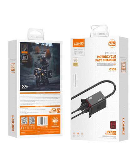 LDNIO ΦΟΡΤΙΣΤΉΣ ΜΟΤΟΣΥΚΛΈΤΑΣ C108 ΜΕ ΚΑΛΏΔΙΟ, USB/USB-C, 60W, ΜΑΎΡΟΣ