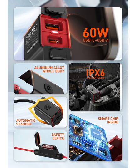 LDNIO ΦΟΡΤΙΣΤΉΣ ΜΟΤΟΣΥΚΛΈΤΑΣ C108 ΜΕ ΚΑΛΏΔΙΟ, USB/USB-C, 60W, ΜΑΎΡΟΣ