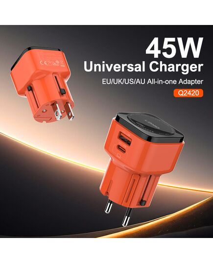 LDNIO ΦΟΡΤΙΣΤΉΣ ΤΟΊΧΟΥ Q2420 ΜΕ ΚΑΛΏΔΙΟ, USB/USB-C, 45W, UNIVERSAL ΠΡΊΖΑ, ΠΟΡΤΟΚΑΛΊ