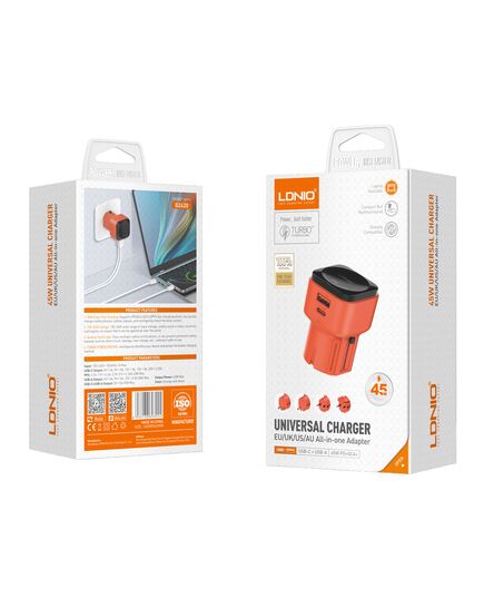 LDNIO ΦΟΡΤΙΣΤΉΣ ΤΟΊΧΟΥ Q2420 ΜΕ ΚΑΛΏΔΙΟ, USB/USB-C, 45W, UNIVERSAL ΠΡΊΖΑ, ΠΟΡΤΟΚΑΛΊ