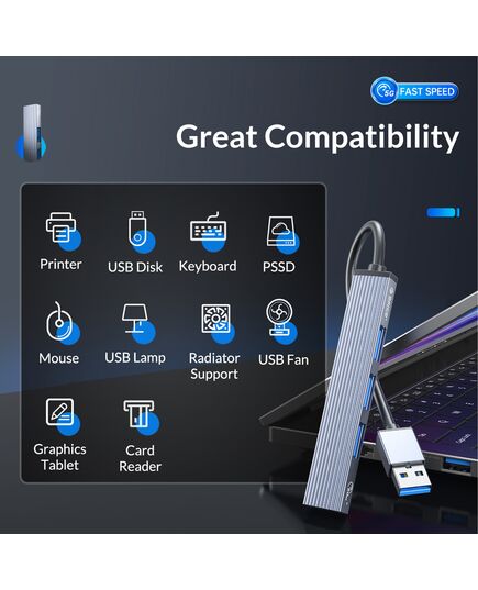 ORICO USB HUB AH-A13, 4X ΘΥΡΏΝ, USB 3.0, 5GBPS, USB ΣΎΝΔΕΣΗ, ΓΚΡΙ