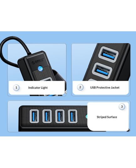 ORICO USB HUB PW4U-C3, 4X ΘΥΡΏΝ, USB 3.0, 5GBPS, USB-C ΣΎΝΔΕΣΗ, ΜΑΎΡΟ