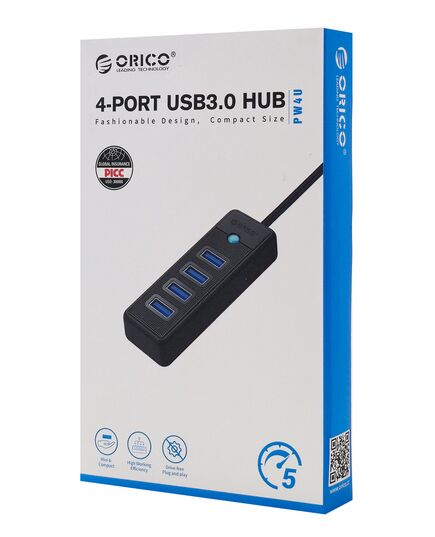 ORICO USB HUB PW4U-C3, 4X ΘΥΡΏΝ, USB 3.0, 5GBPS, USB-C ΣΎΝΔΕΣΗ, ΜΑΎΡΟ