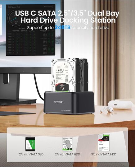 ORICO DOCKING STATION ΓΙΑ 2.5" Ή 3.5" SATA HDD/SSD 6829C3-V1, 2 ΘΈΣΕΩΝ, 5GBPS, ΜΑΎΡΟ