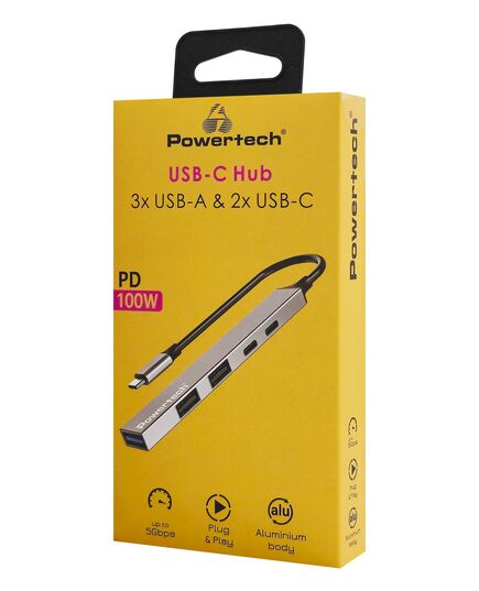 POWERTECH USB HUB PT-1414, 5X ΘΥΡΏΝ, USB 3.2, 5GBPS, 100W, USB-C ΣΎΝΔΕΣΗ, ΓΚΡΙ