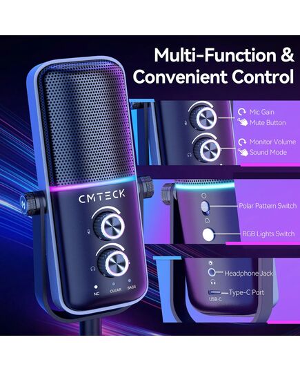 CMTECK ΕΠΙΤΡΑΠΈΖΙΟ ΜΙΚΡΌΦΩΝΟ XM600, OMNIDIRECTIONAL/ΚΑΡΔΙΟΕΙΔΈΣ, USB, RGB LED, ΜΑΎΡΟ