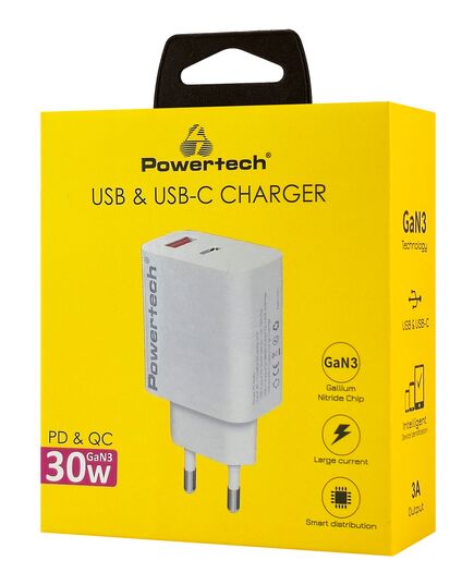 POWERTECH ΦΟΡΤΙΣΤΉΣ ΤΟΊΧΟΥ PT-1433, USB/USB-C, 30W, GAN, ΛΕΥΚΌΣ