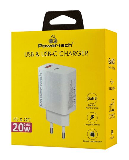 POWERTECH ΦΟΡΤΙΣΤΉΣ ΤΟΊΧΟΥ PT-1437, USB/USB-C, 20W, GAN, ΛΕΥΚΌΣ